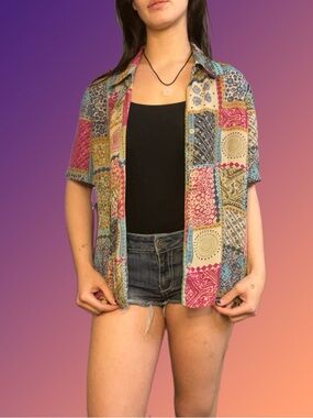 Vintage Patchwork Short-Sleeve Button-Up Shirt - Multicolor